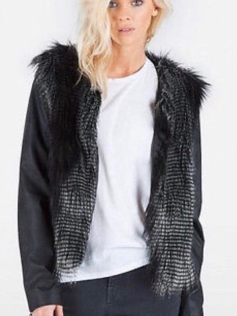 Volcom Black Faux Fur-Trim Leather Jacket
